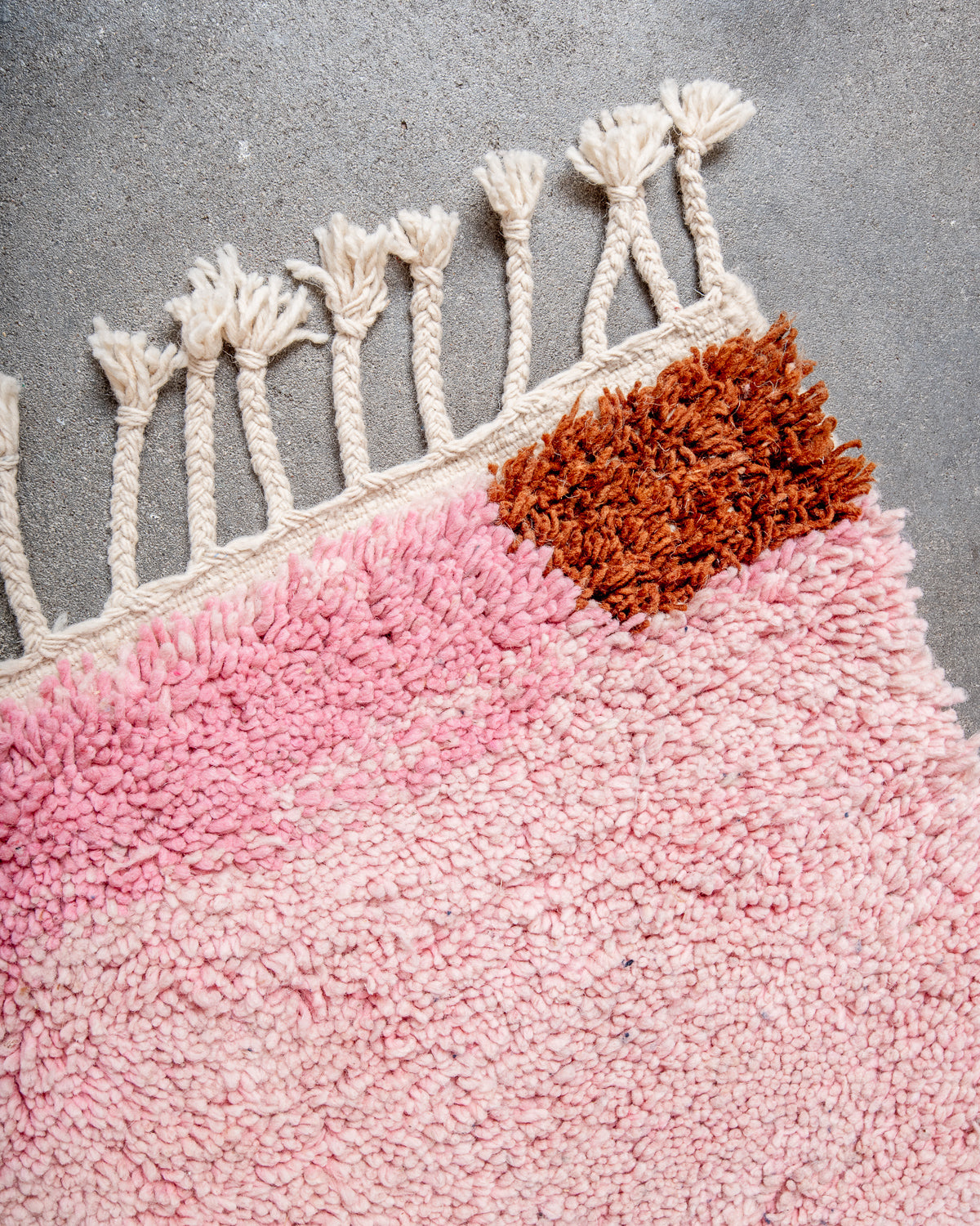 Modern, designer, handcrafted Berber rug from Morocco. Beniourain carpet with beautiful colours and patterns and fluffy wool texture.